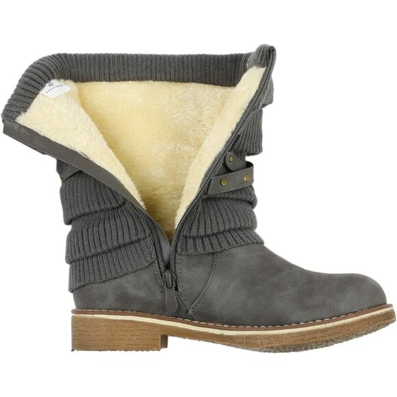 Women's Grey Faux Fur Mid Calf Fashion Winter Snow Boots Rubber Outsole - Picture 3 of 7